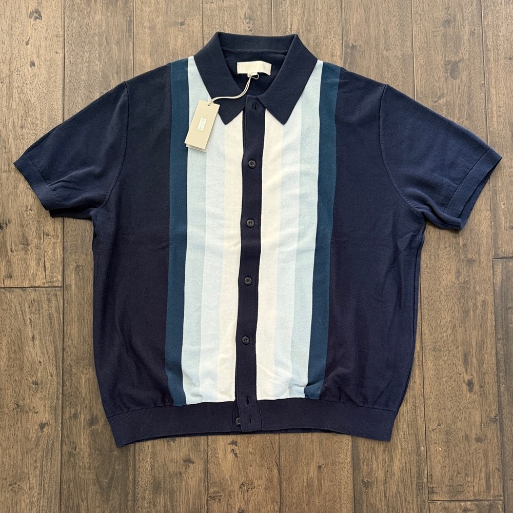 Kith Button Front Knit Polo Sweater Men’s L Navy Blue Striped Short Sleeve